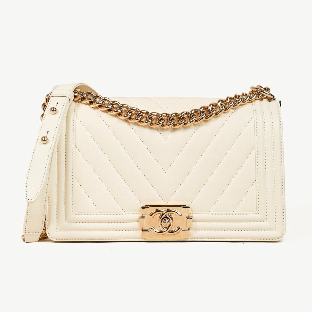 Chanel Medium Boy Creme Chevron Lambskin Flap Shoulder Bag